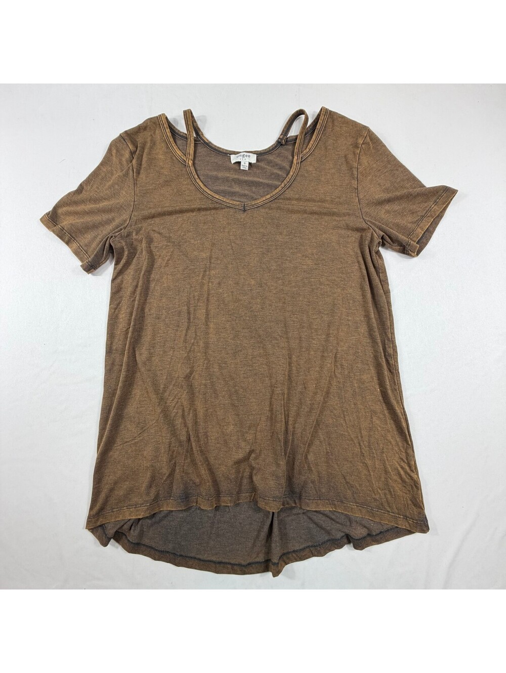 Umgee USA Brown Short Sleeve Cotton Blend T-Shirt with Double Neck Strap Detail,